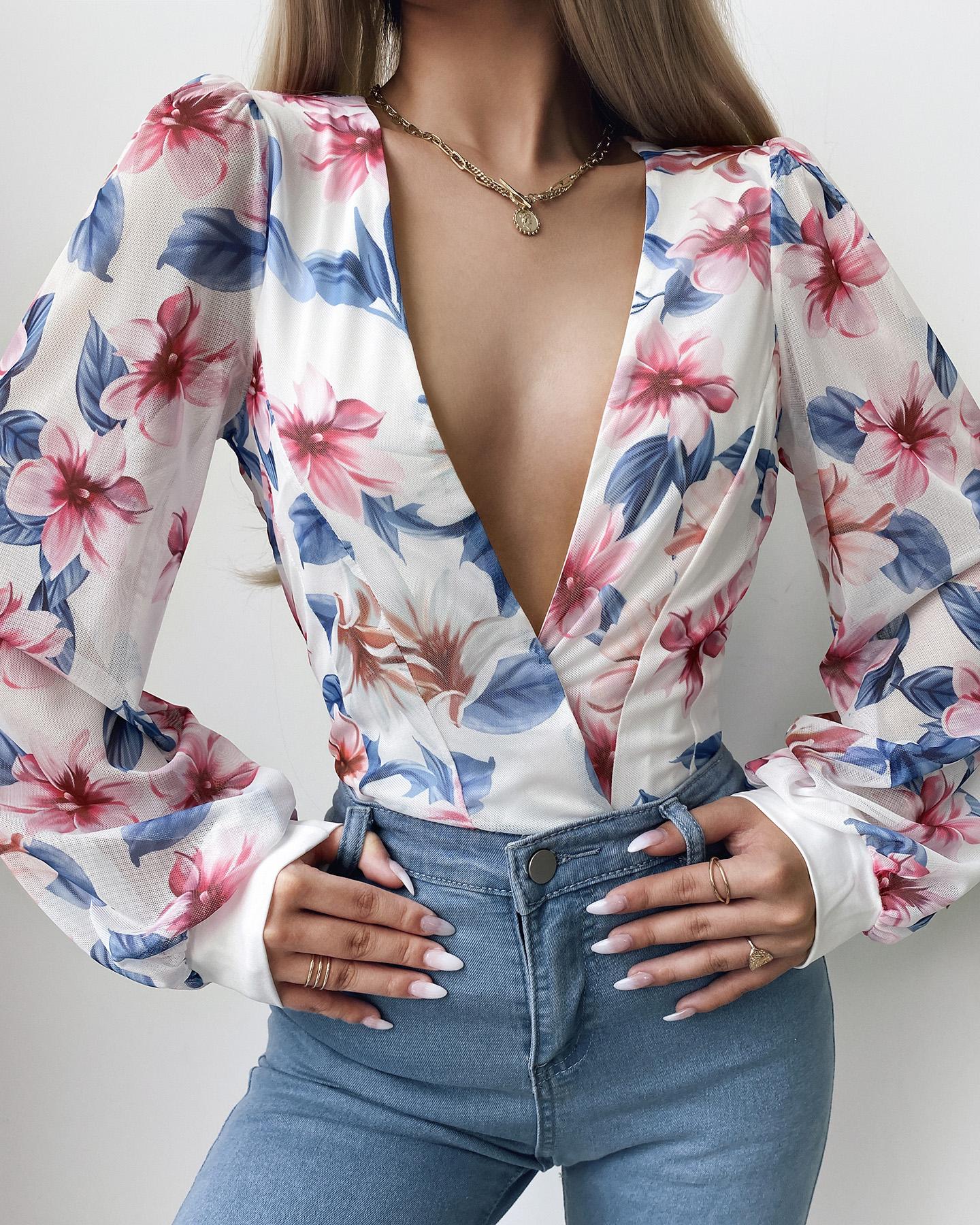 

Floral Print Puff Lantern Sleeve Top, Pink