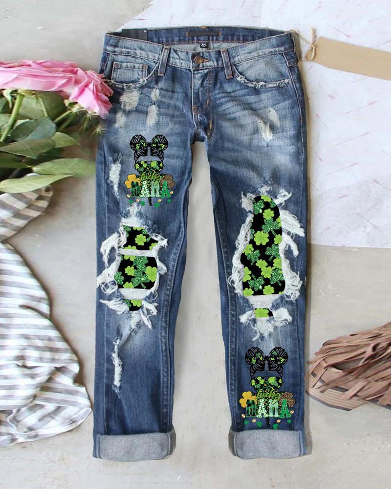 

St. Patrick' Day Lucky Shamrock Print Patchwork Ripped Jeans, Blue