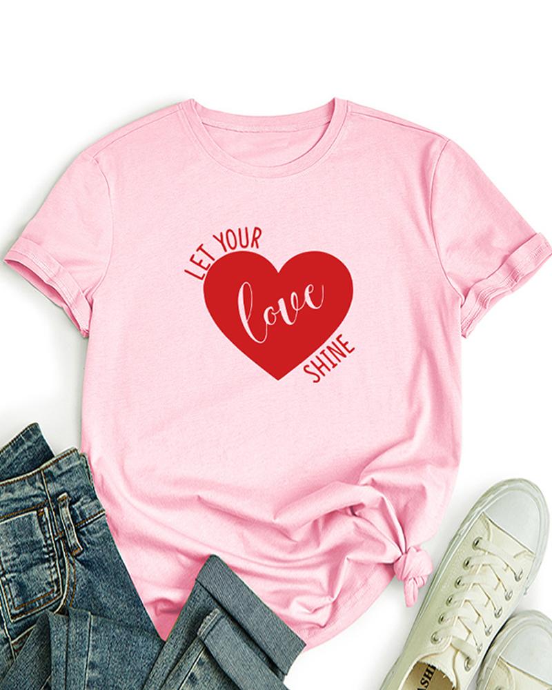 

Round Neck Letter Heart Print Cotton Basic Top, Pink