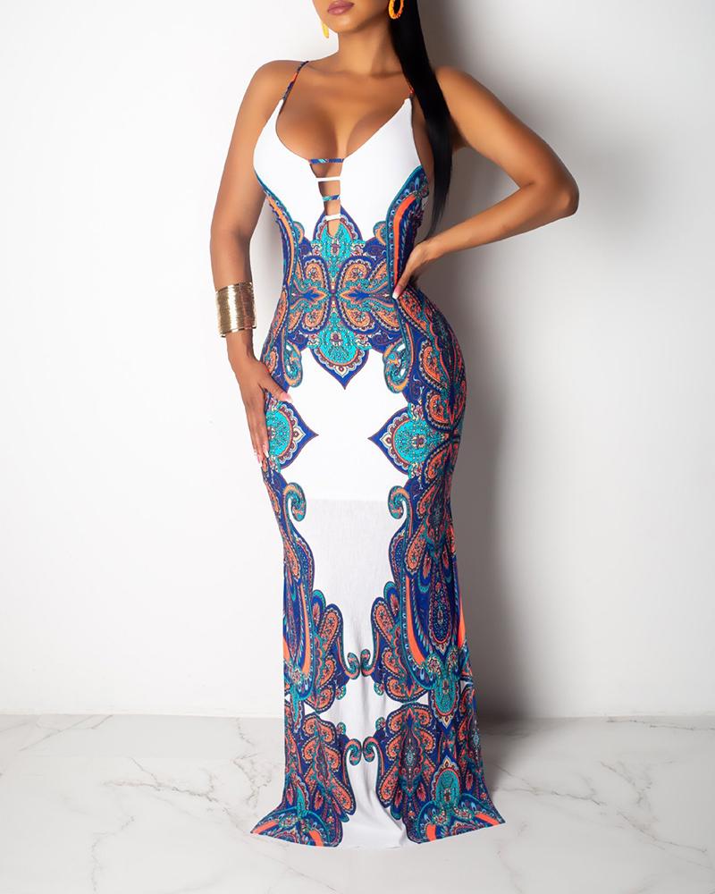 

Retro Print Cutout Crisscross Backless Maxi Dress, White