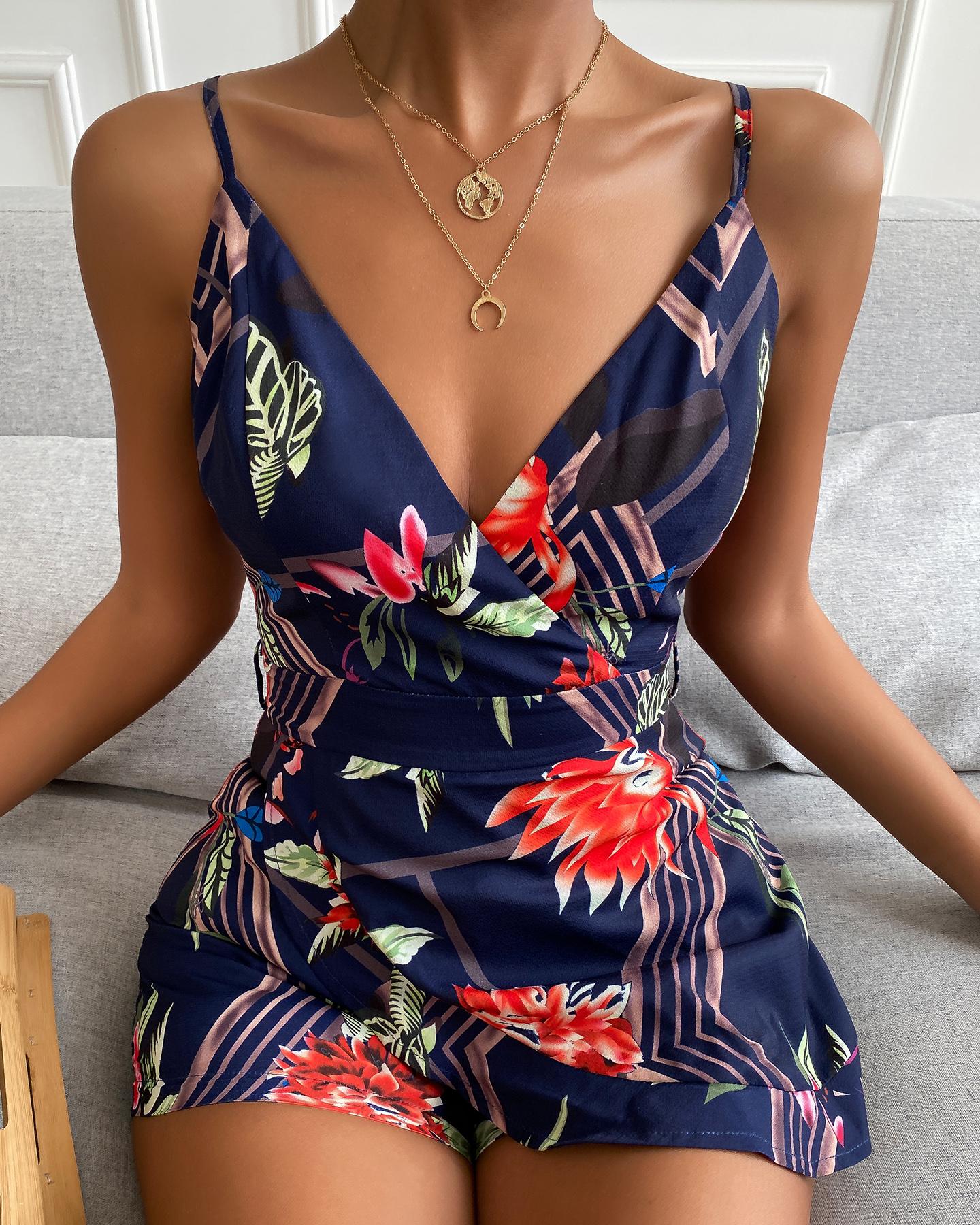 

Sleeveless Printed Sling Romper, Purplish blue