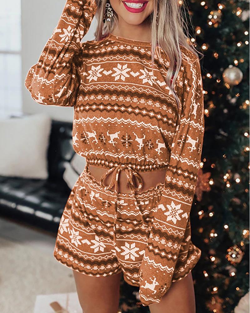 

Christmas Graphic Print Tied Detail Top & High Waist Shorts Set, Orange
