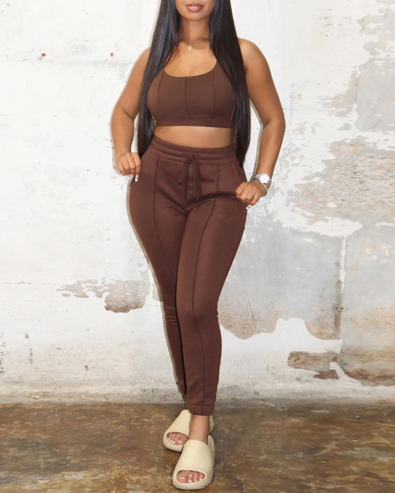 

U-Neck Crop Tank Top & Drawstring Pants Set, Brown