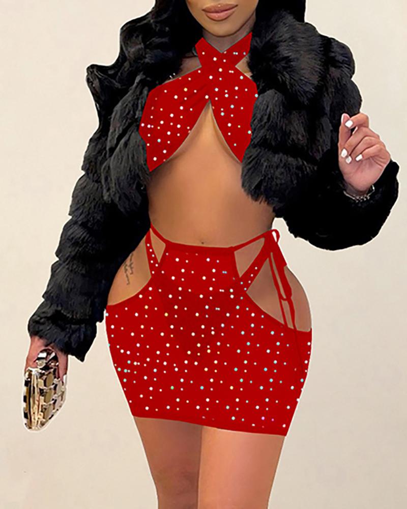 

3PCS Halter Rhinestone Decor Bikini Set With Cover Up, Red