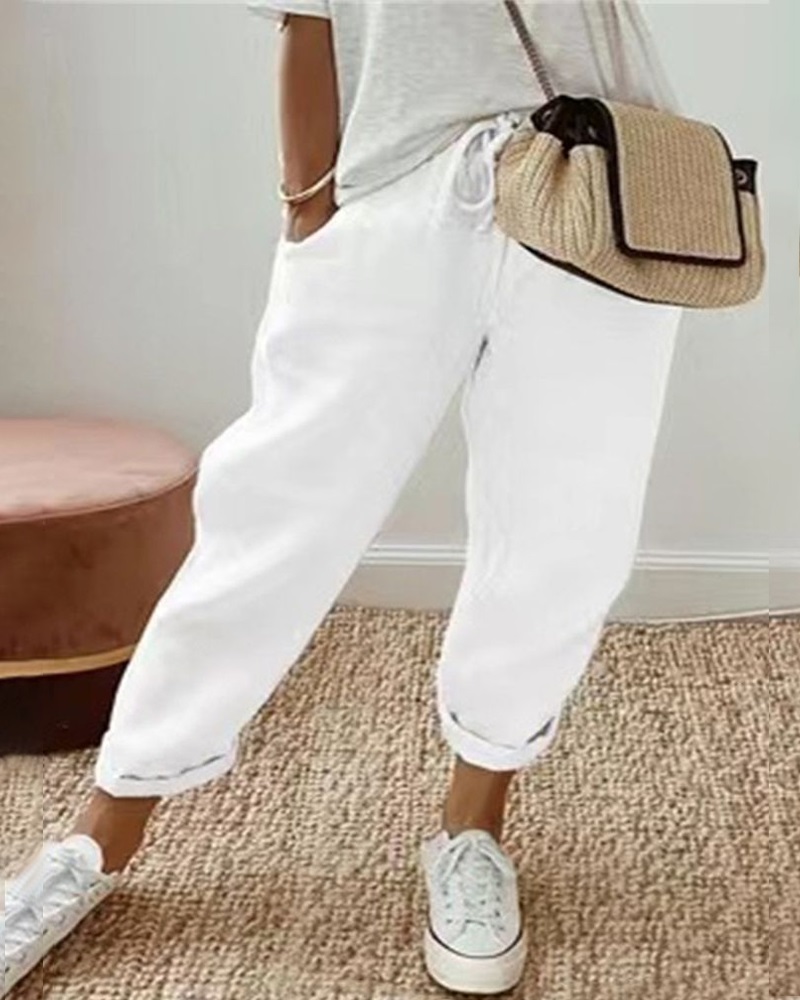

Pocket Design Drawstring Pants, White