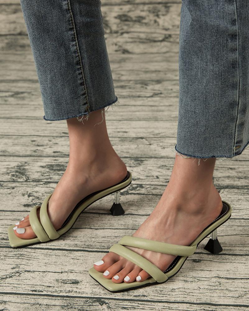 

Square Toe Solid Color Straps Heel Sandals, Green