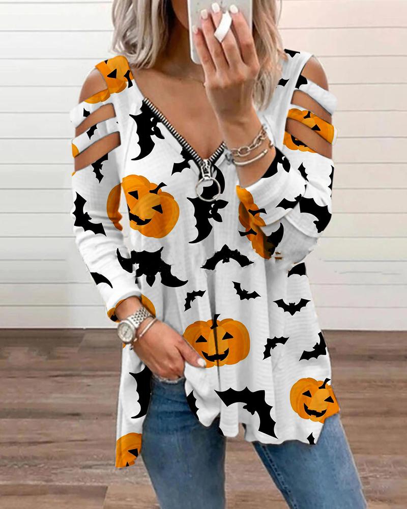 

Halloween Zipper Design Pumpkin Bat Print Cutout Top, White