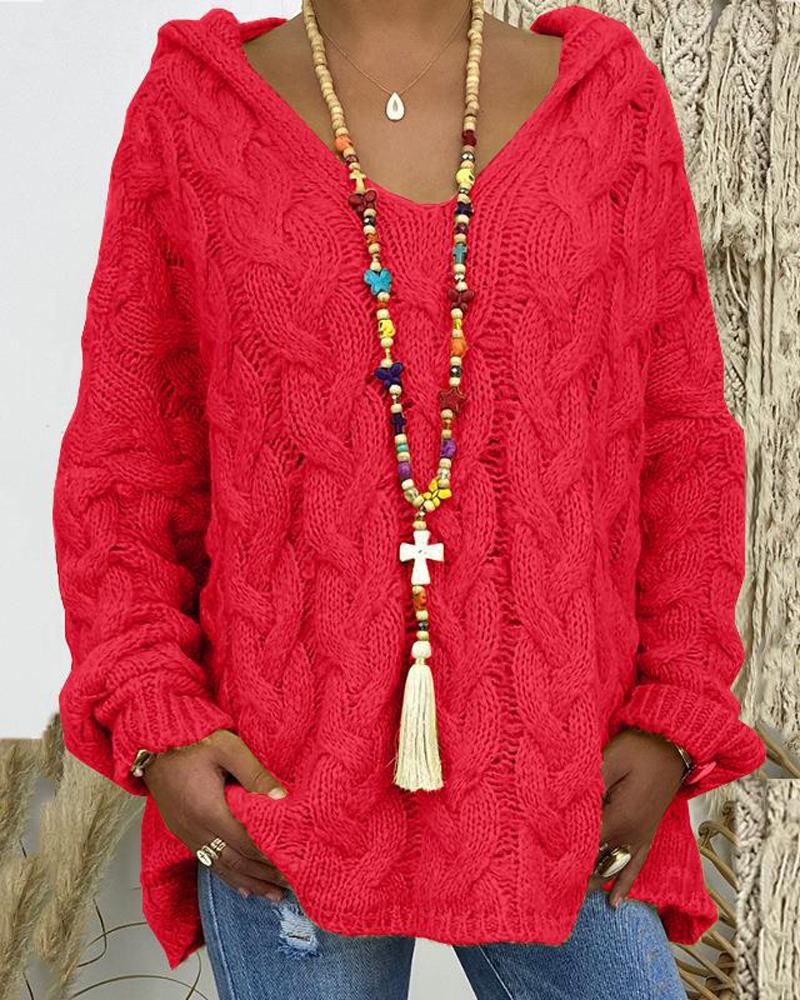 

Plus Size Long Sleeve Hooded Cable Knit Sweater, Red