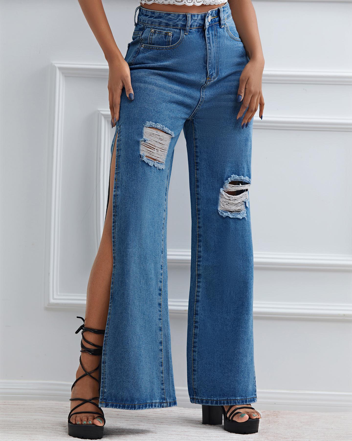 

Ripped Fringe Hem High Slit Pocket Design Jeans, Blue