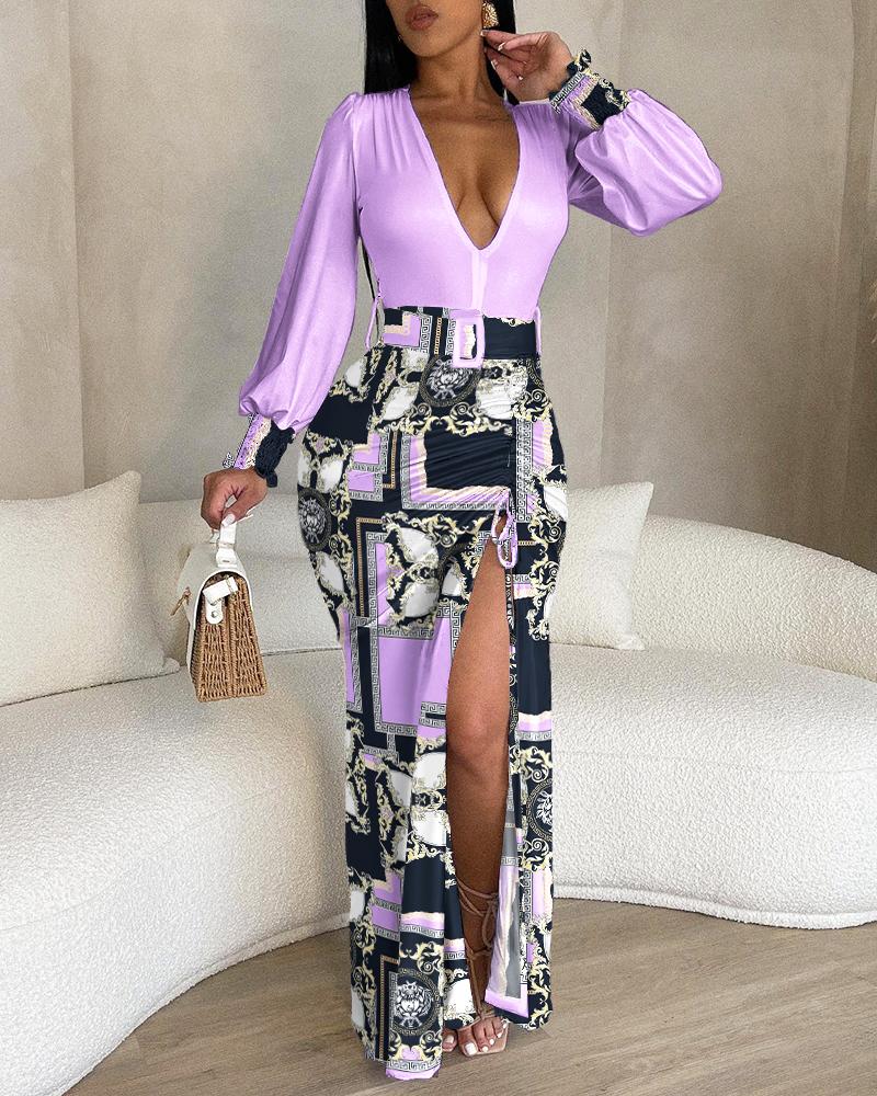 

Baroque Scarf Print Plunge High Slit Drawstring Maxi Dress, Light purple