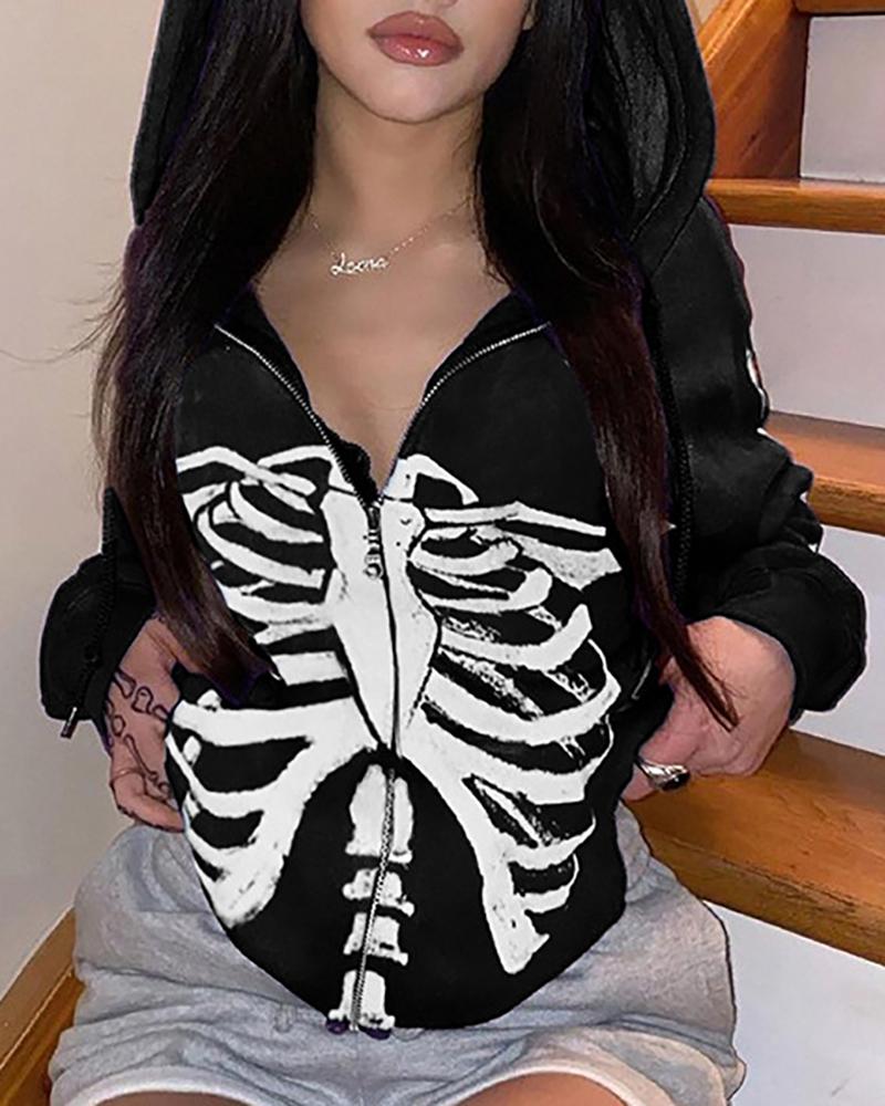 

Halloween Skeleton Print Hoooded Sweatshirt, Black