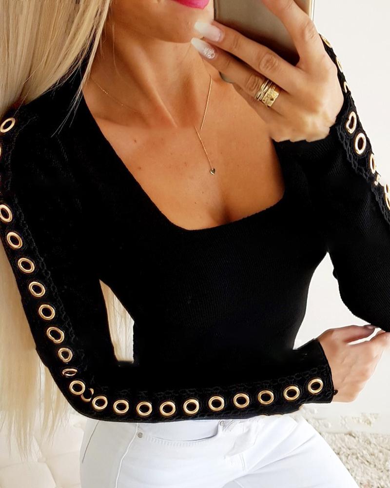 

Eyelet Design Long Sleeve Blouse, Black