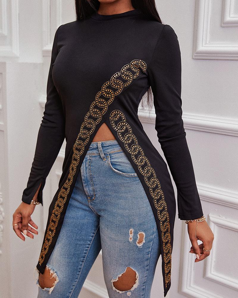 

Rhinestone Decor High Split Long Sleeve Top, Black