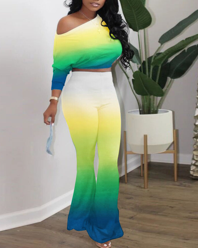 

Ombre Long Sleeve Crop Top & Flare Leg Pants Set, Green