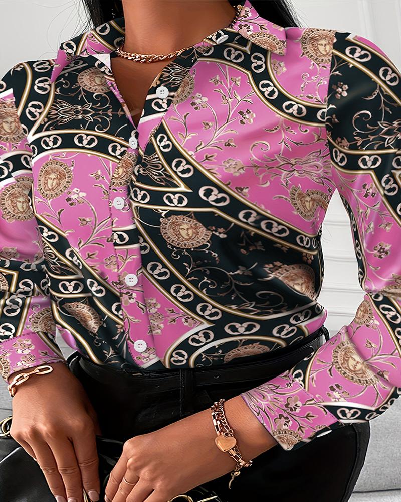 

Plus Size Baroque Scarf Print Button Down Shirt, Rose red