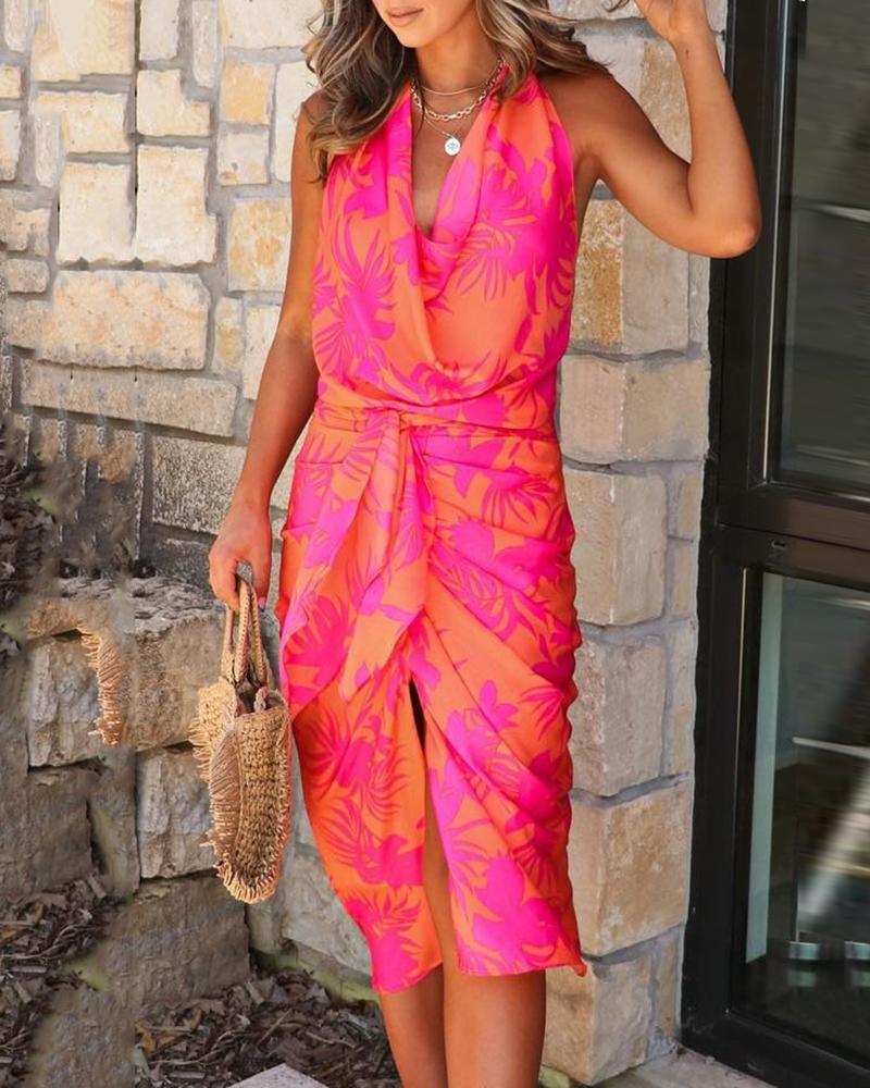 

Ruched Allover Plants Print Slit Sleeveless Dress, Orange