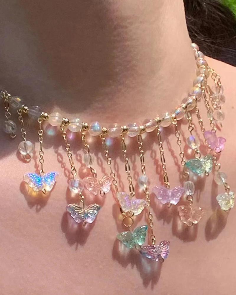 

Colorblock Tassel Butterfly Pendant Necklaces, White