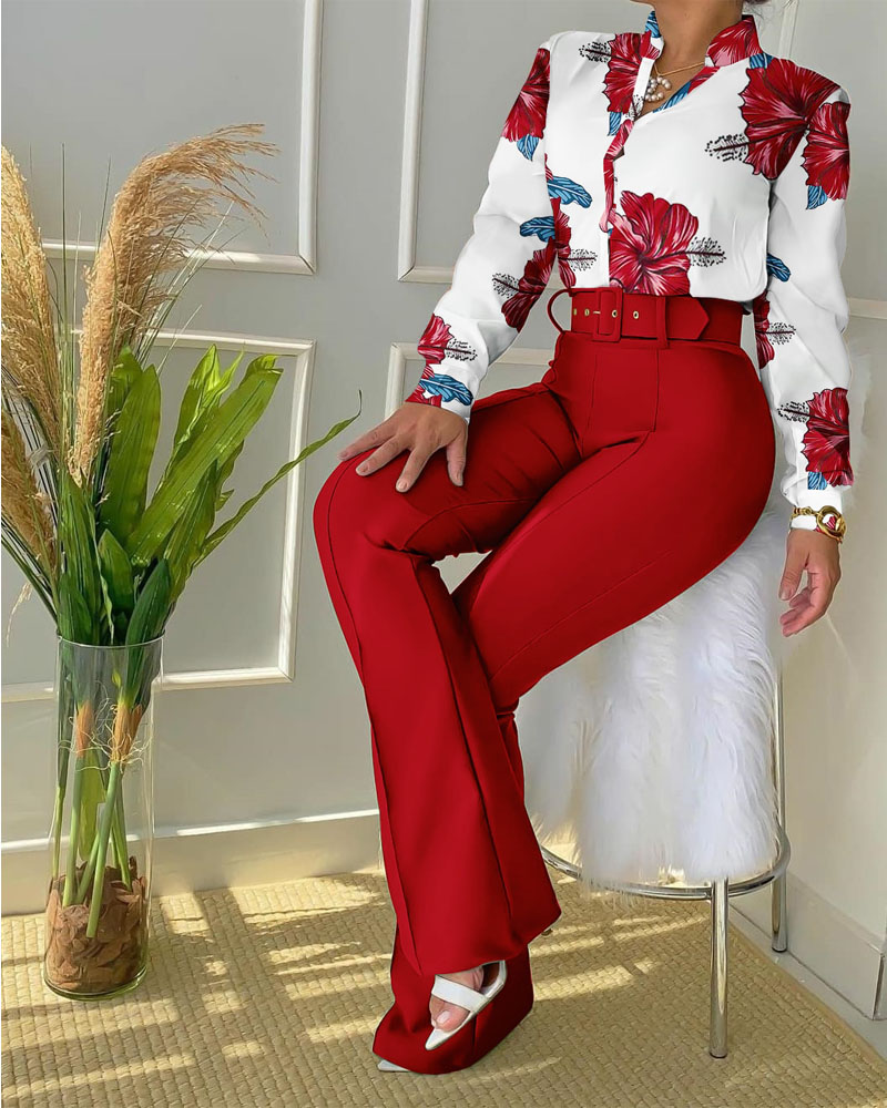 

Floral Print Button Down Shirt & Bootcut Pants Set With Belt, Red