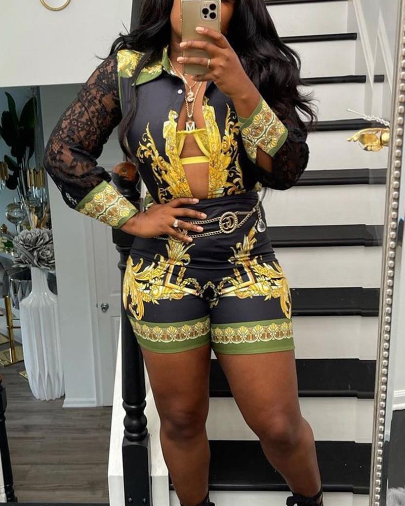 

Scarf Print Contrast Lace Button Up Top & Shorts Set, Multicolor