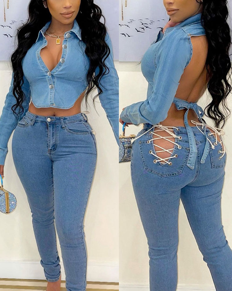 

Washed Long Sleeve Tie Backless Crop Denim Top, Blue