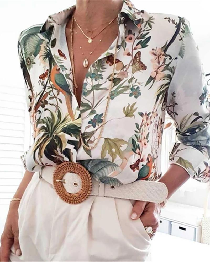 

Floral Print V Neck Blouse, Green