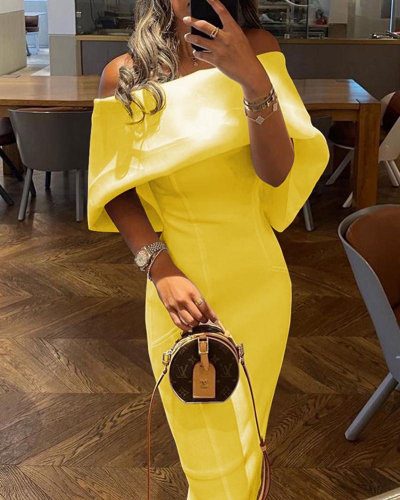 

Off Shoulder Cape Design Skinny Party Dress, Yellow