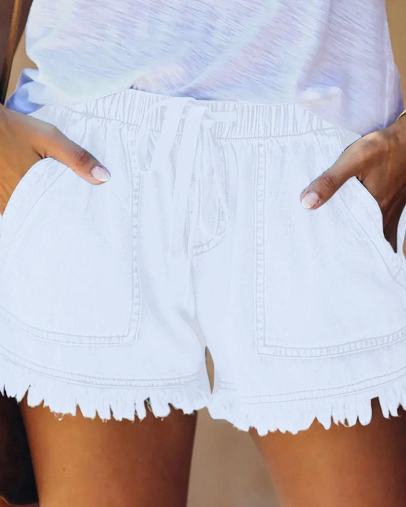 

Raw Hem Pocket Design Denim Shorts, White