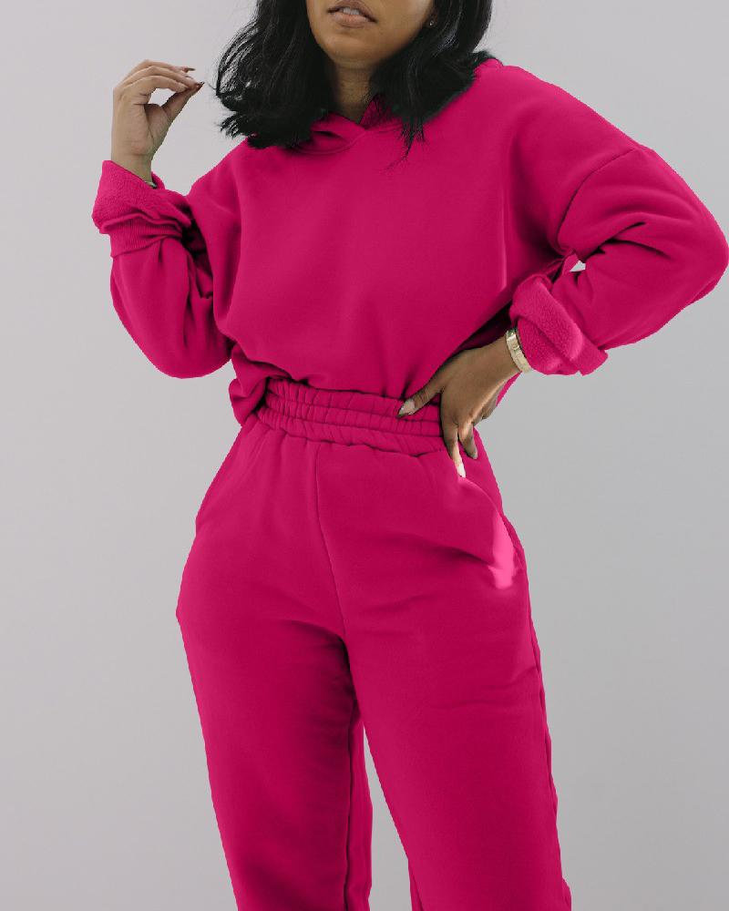 

Hooded Long Sleeve Casual Top & Pocket Design Pants Set, Hot pink