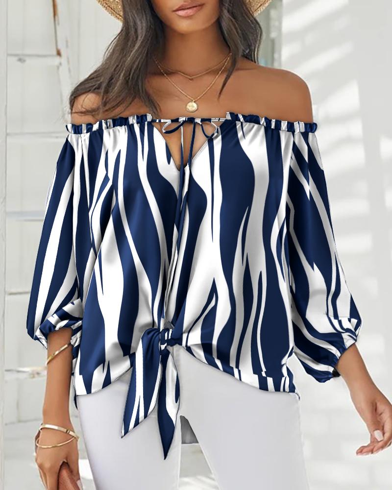 

Off Shoulder Striped Print Long Sleeve Top, Blue