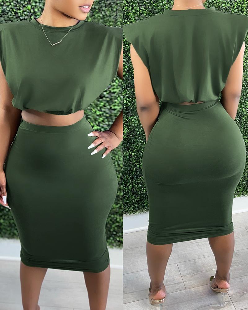 

Padded Shoulder Crop Top & Skirt Set, Army green