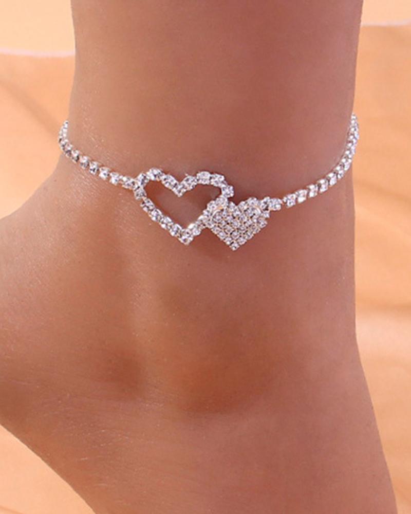 

1pcs Double Layered Heart Rhinestone Anklet, Silver