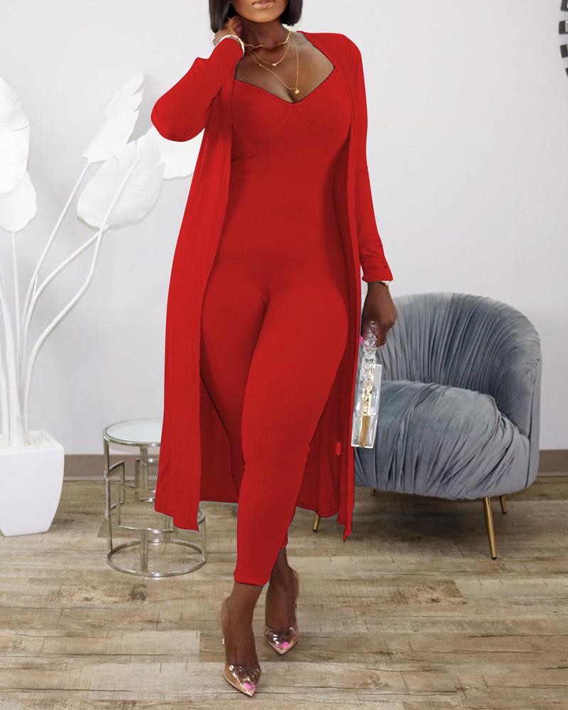 

Ribbed Plain Skinny Jumpsuit & Longline Coat Set, Red