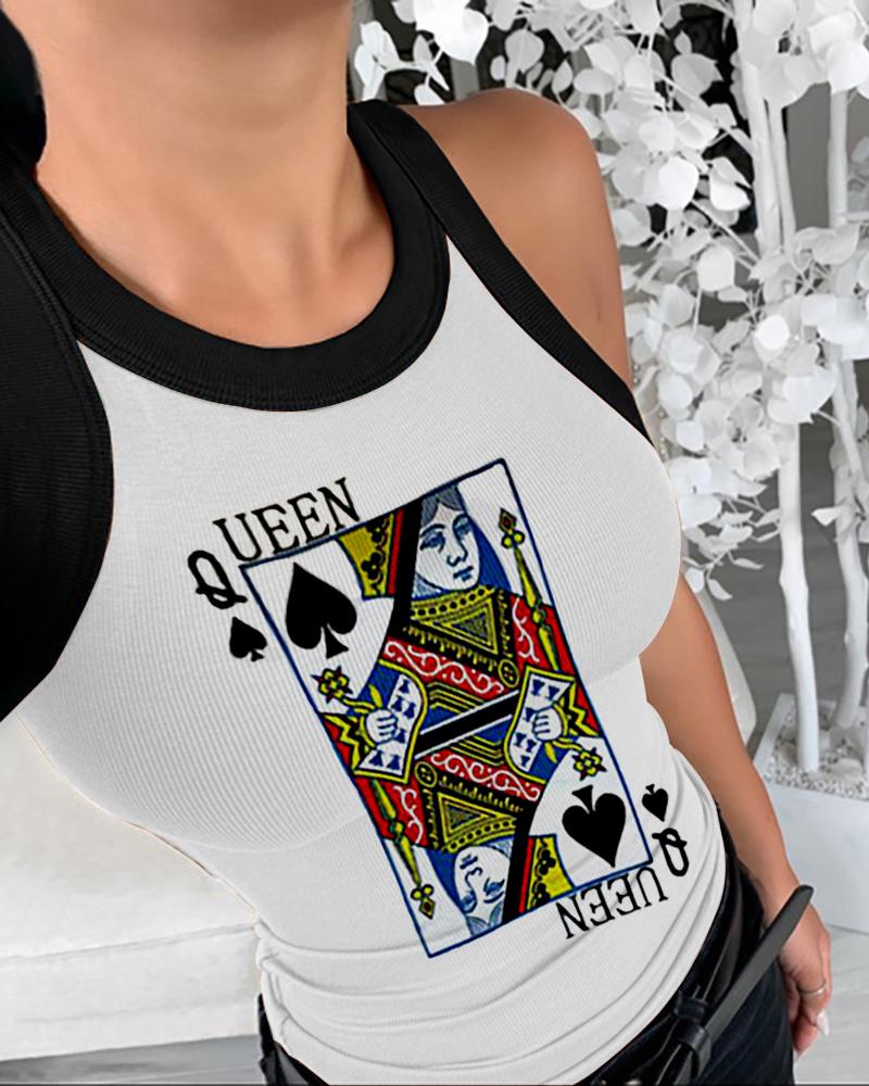 

Summer Sleeveless Basic Cami Top Shirt Slim Knit Ribbed Racerback Blouses Poker Print Contrast Binding Tank Tops, White