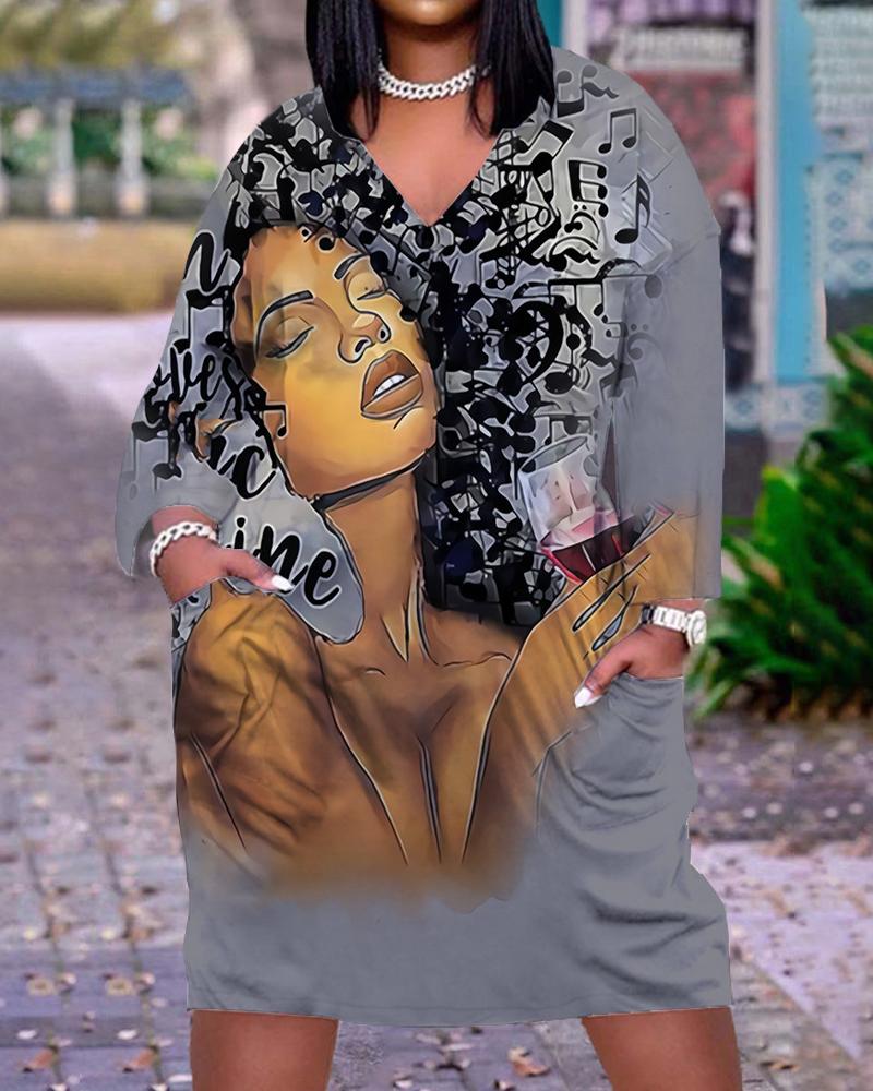 

Plus Size Figure Print V-Neck Casual Dress, Gray