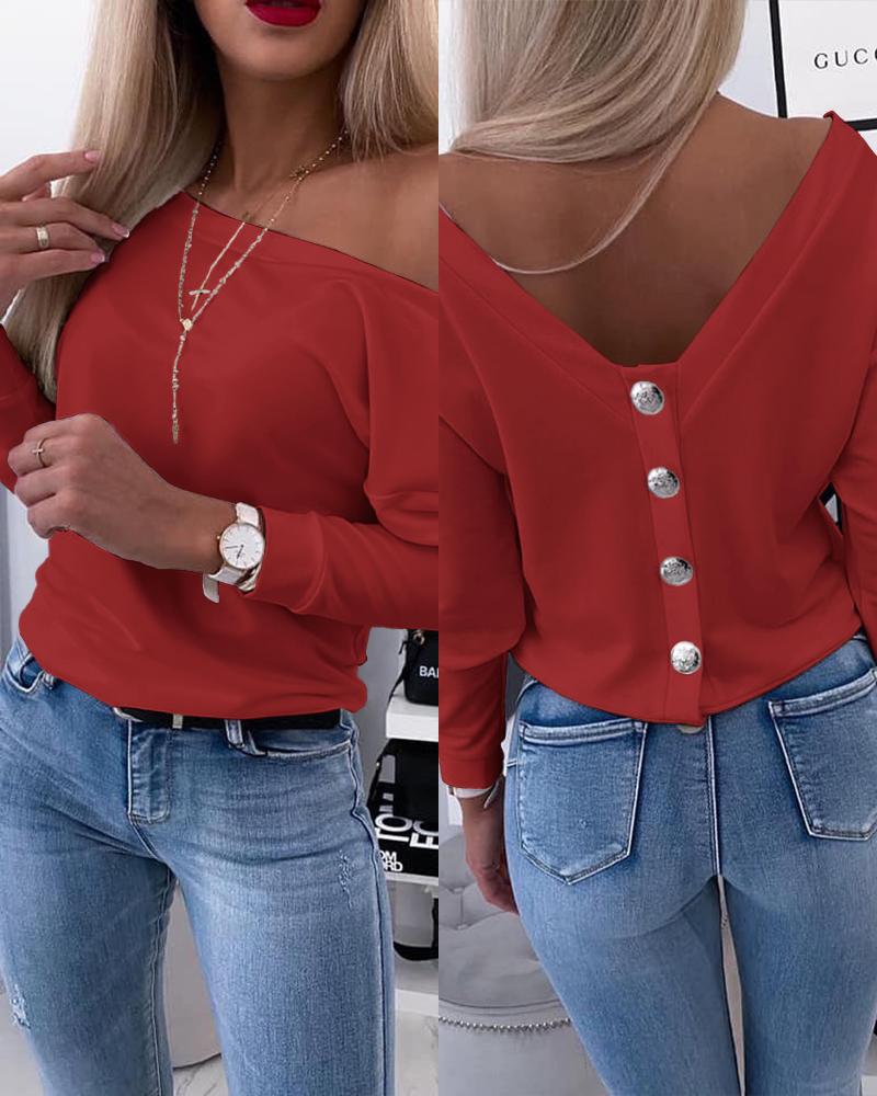 

Long Sleeve Backless Buttoned Top, Red