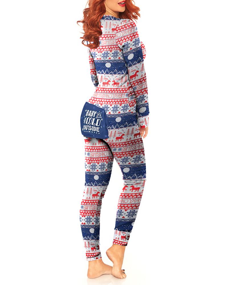 

Christmas Print Functional Buttoned Flap Pajamas, Multicolor