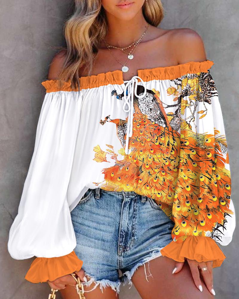

Peacock Print Off Shoulder Lantern Sleeve Top, Orange