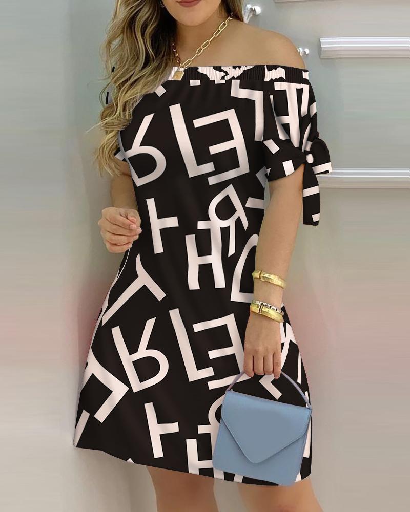 

Letter Print Off Shoulder Casual Dress, Black