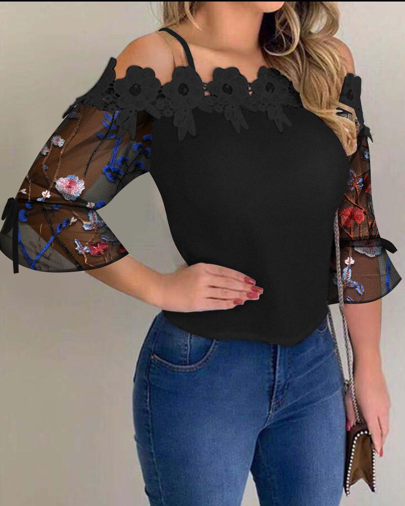 

Floral Embroidery Sheer Mesh Cold Shoulder Lace Trim Top, Black