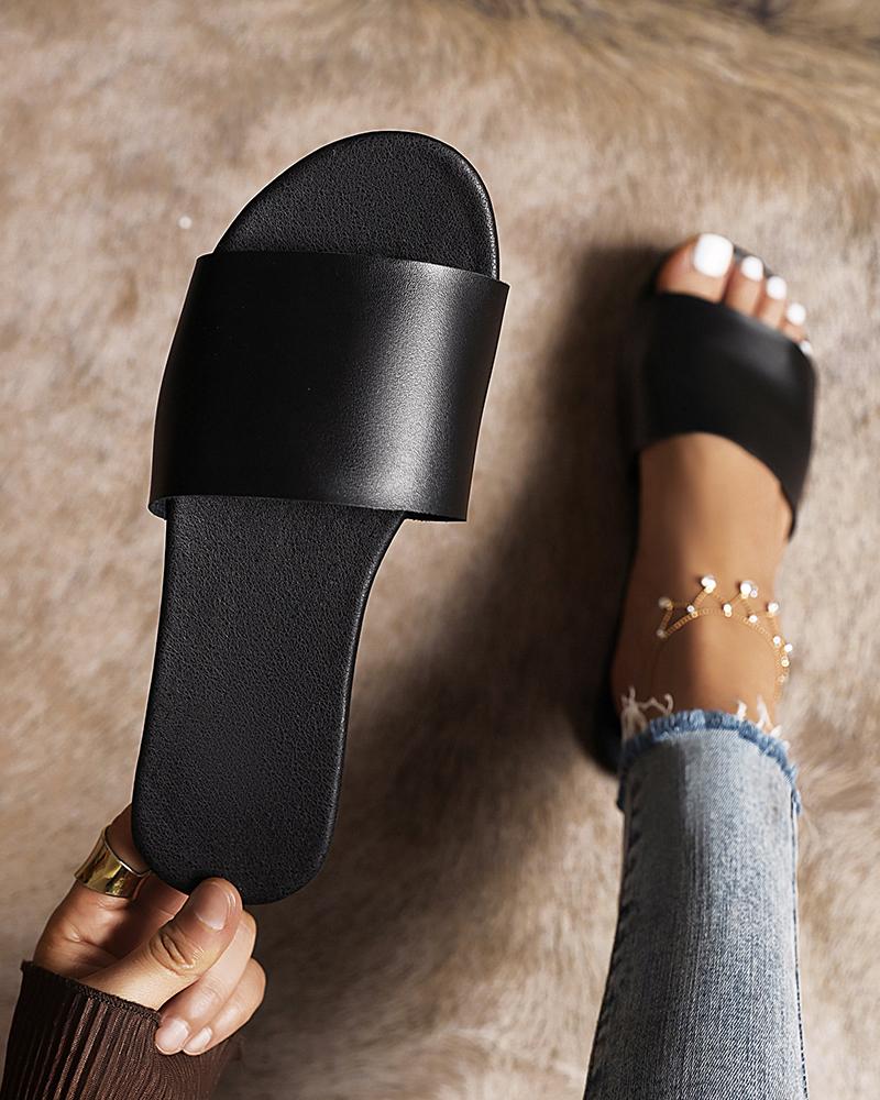 

Round-toe Solid Color Strap PU Leather Slippers, Black
