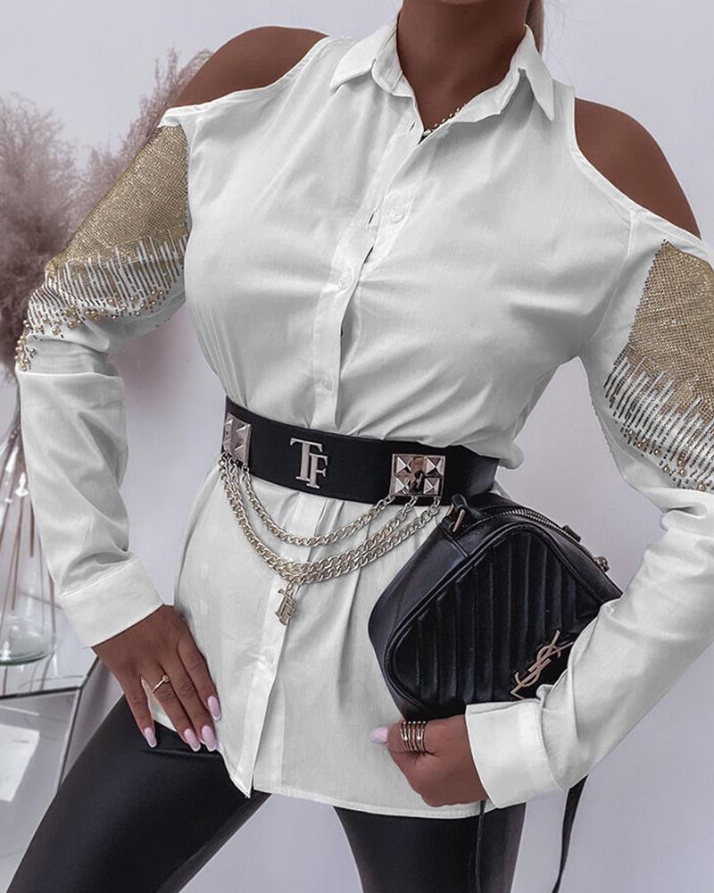 

Rhinestone Beaded Decor Cold Shoulder Shirt, White