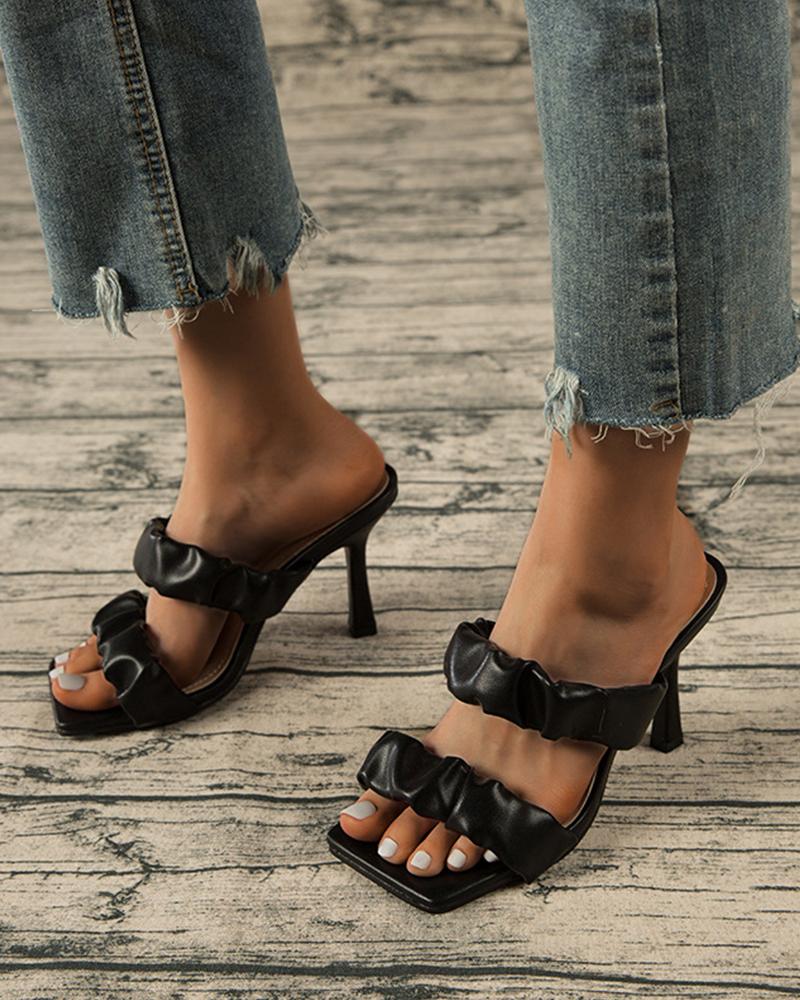 

Square-toe Solid Color Double Straps Heel Sandals, Black