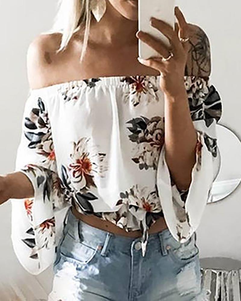 

Off Shoulder Floral Print Bell Sleeve Top, White