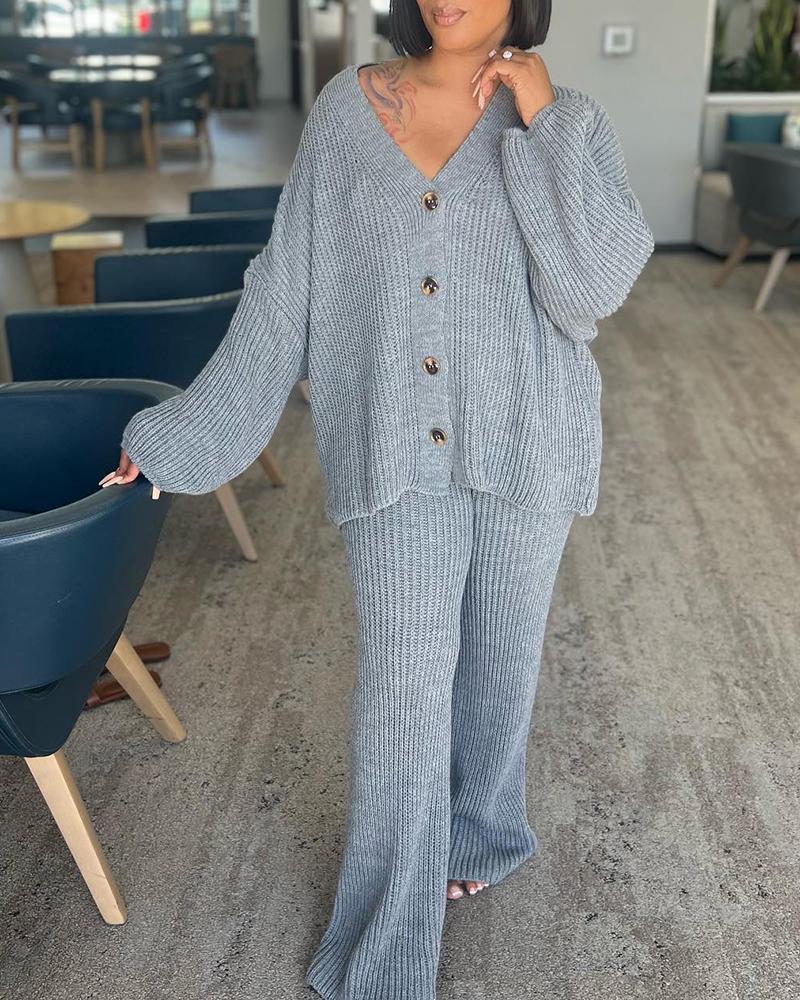 

V-Neck Buttoned Knit Casual Cardigan & Pants Set, Gray