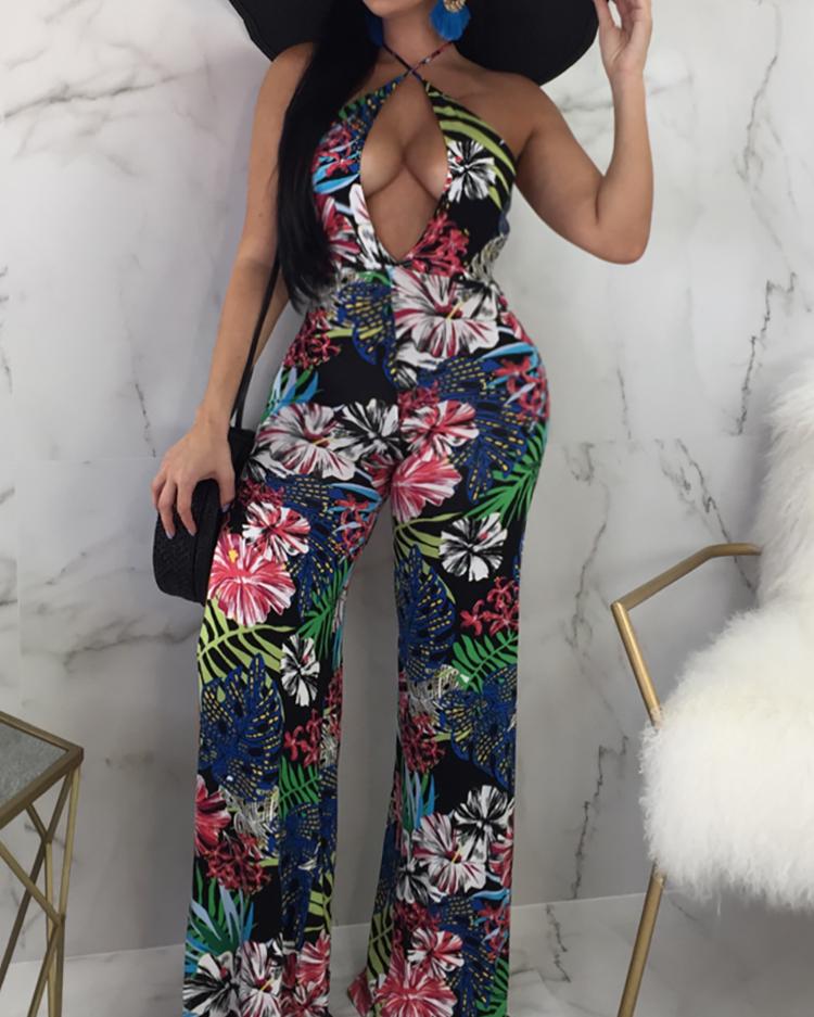 

Tropical Print Criss-cross Slip Jumpsuit, Multicolor