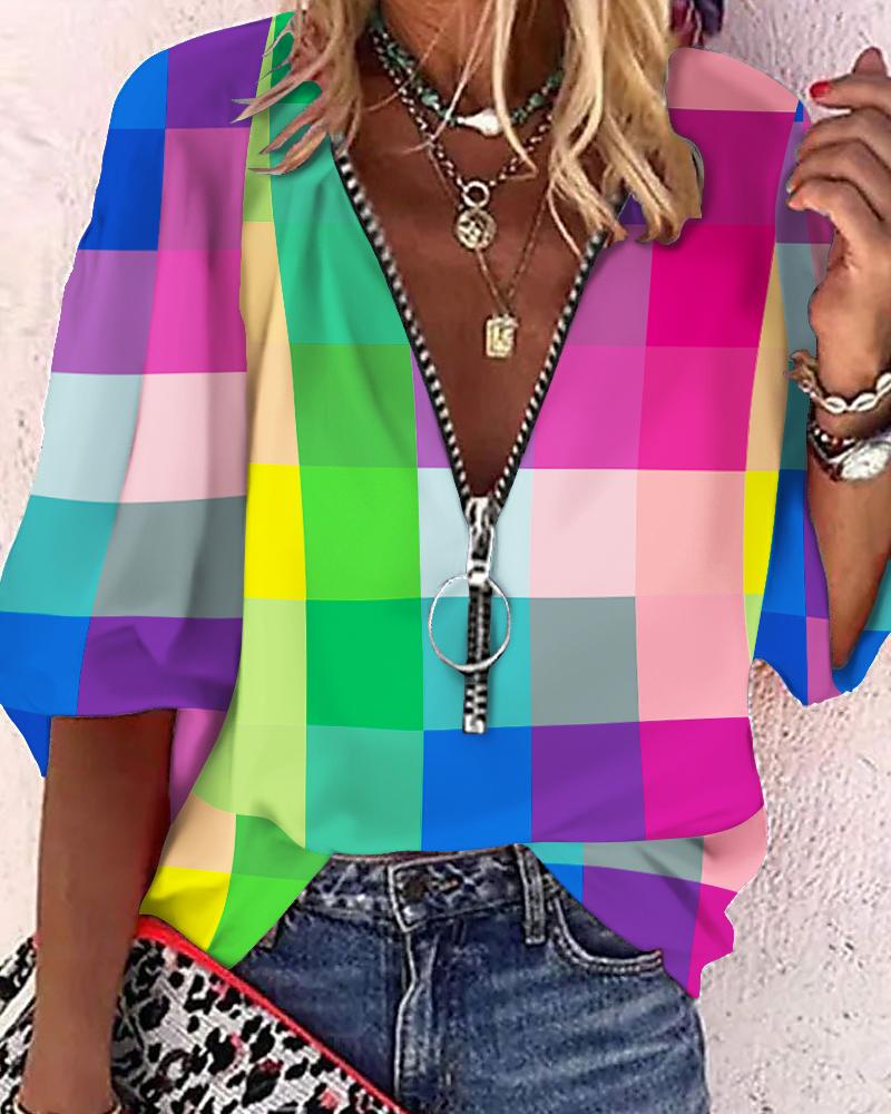 

Colorful Plaid Print Lantern Sleeve Zipper Design Top, Multicolor