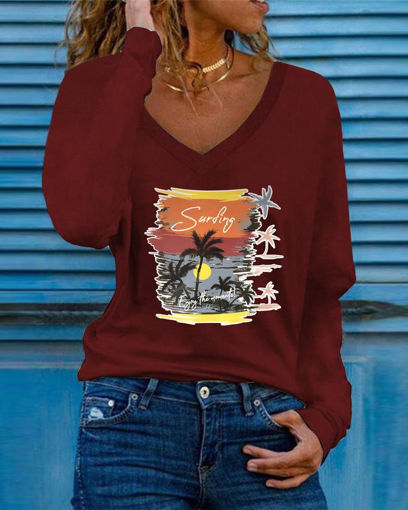 

Landscape Print V-Neck Long Sleeve Top, Wine red