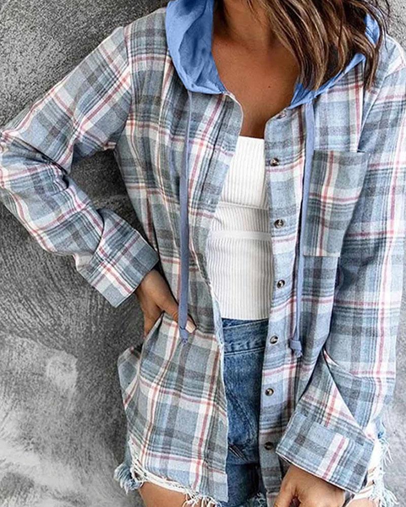 

Plaid Print Button Down Hooded Shacket, Blue