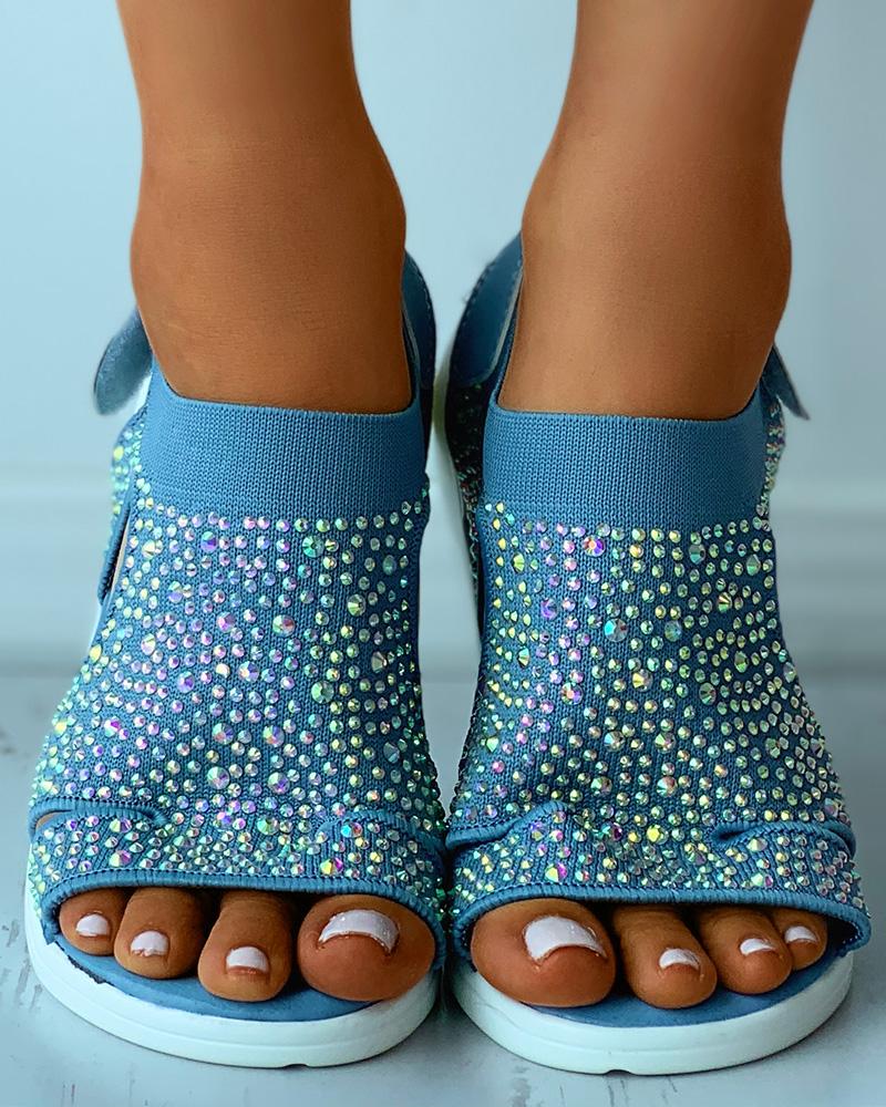 

Rhinestone Cutout Velcro Flat Sandals, Blue