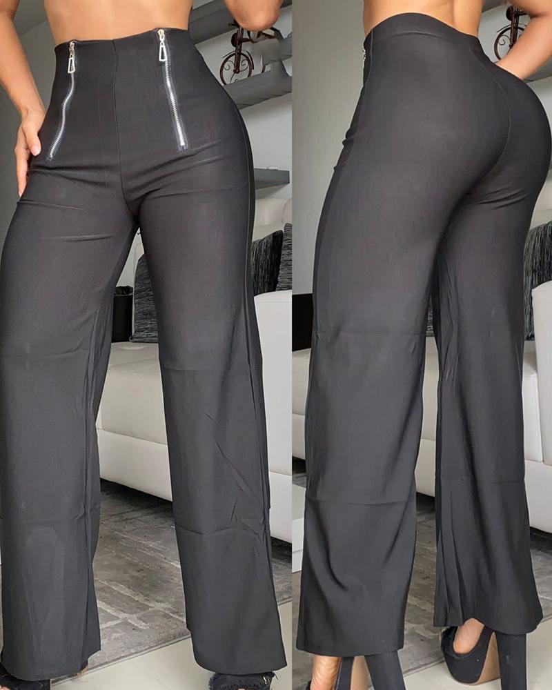 

Zipper Design High Waist Wide Leg Pants, Black
